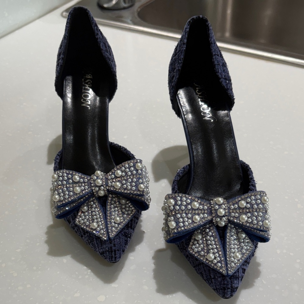 Jacob Navy Heels with Embellished Bow